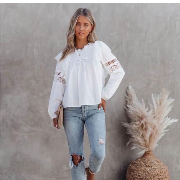 on twelfth Tops - White cotton ruffle and crochet blouse